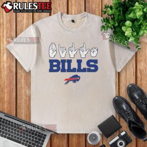 Alt Text: Youth wearing an Official Buffalo Bills Football Homage t-shirt with love sign hand signals, showcasing team pride.