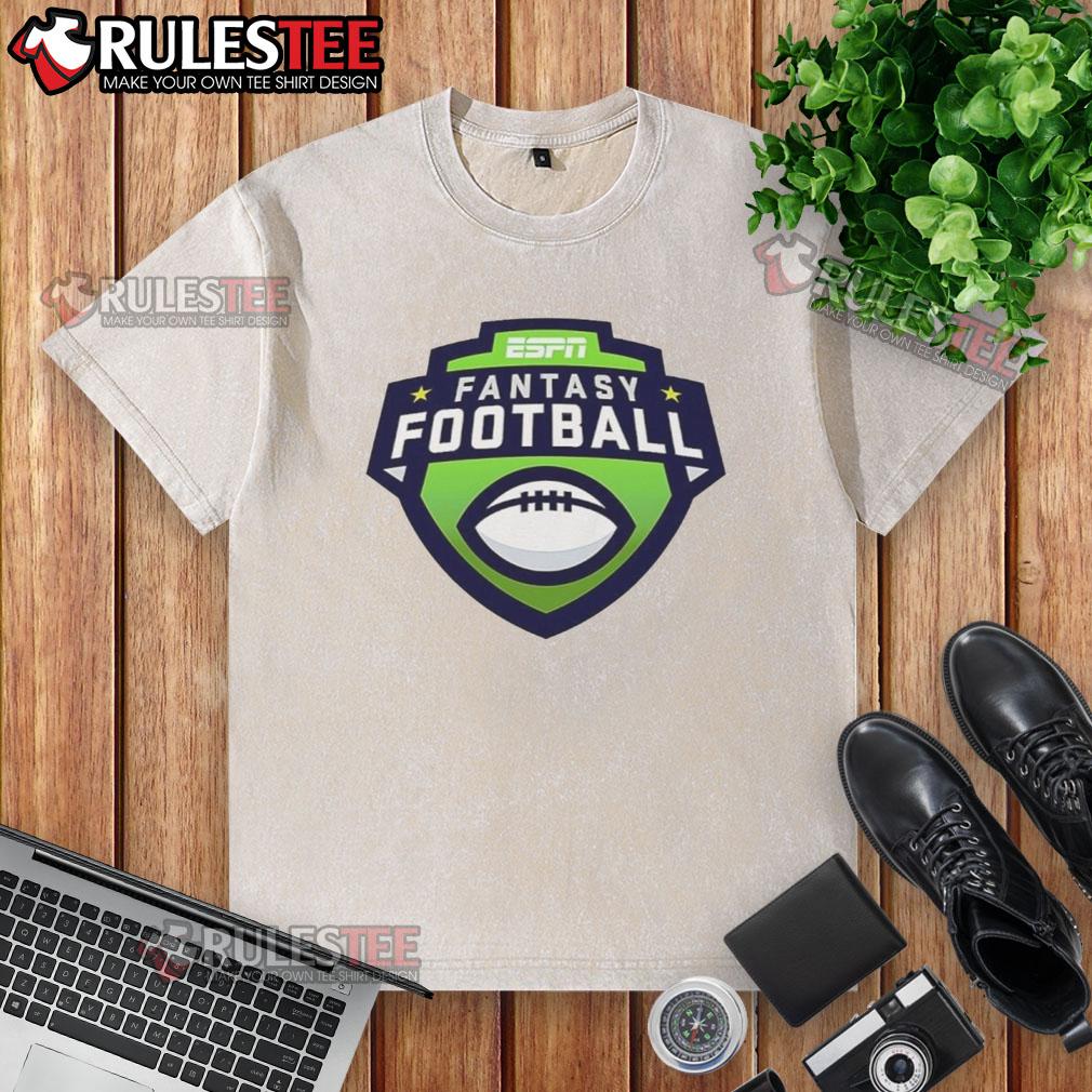 Official ESPN Fantasy Football 2025 logo on a washed t-shirt, perfect for fans and players of fantasy football.