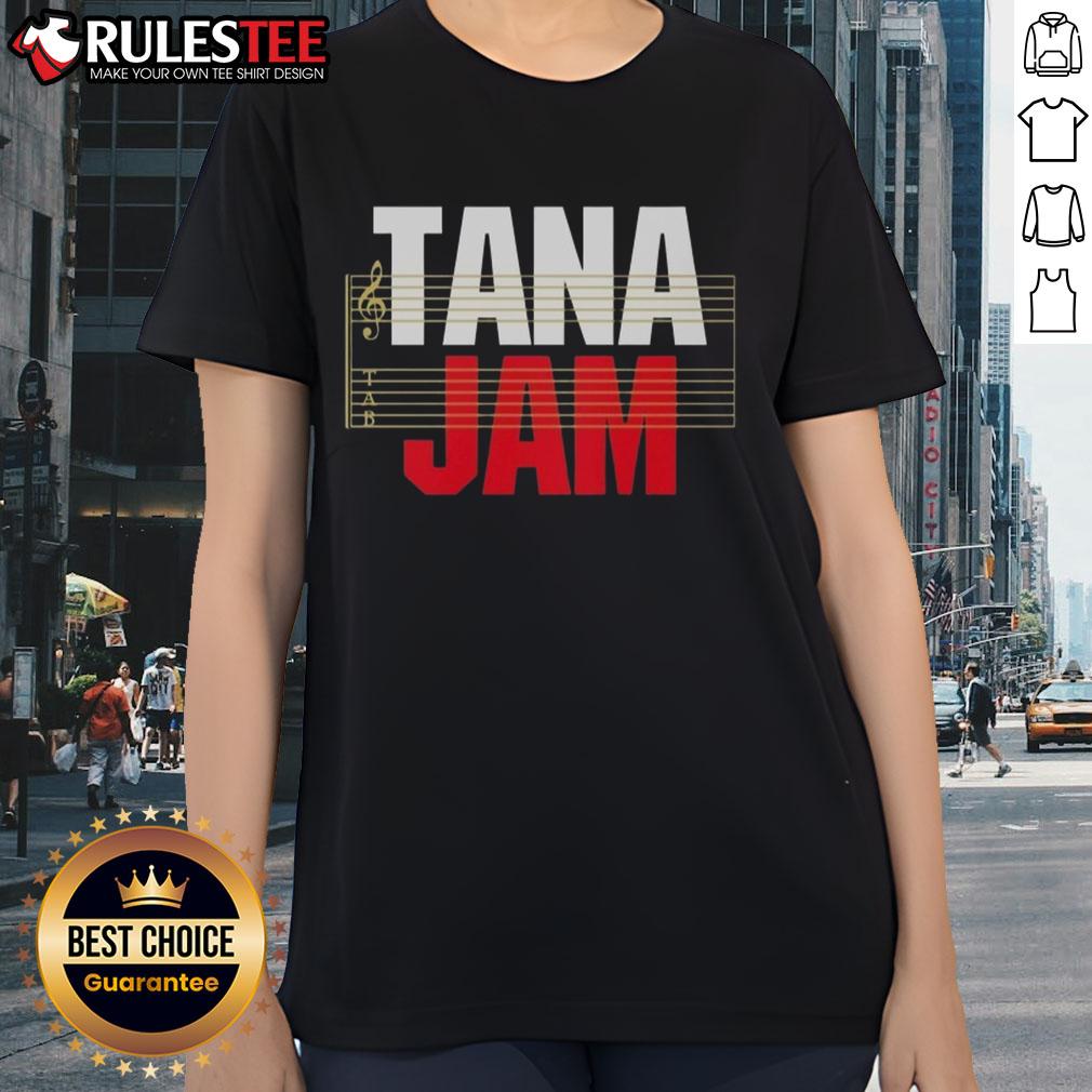 Alt Text: Official Hiroshi Tanahashi Tana Jam Ladies Tee featuring a stylish design for wrestling fans.