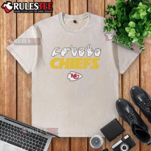 Official Kansas City Chiefs football homage youth love sign hand signals on a washed t-shirt, showcasing team spirit.