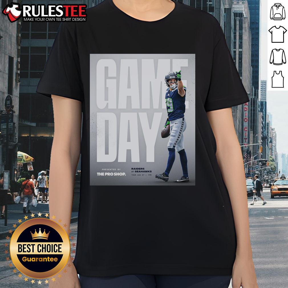 Official Las Vegas Raiders vs Seattle Seahawks NFL preseason game day ladies tee featuring team logos and vibrant design.