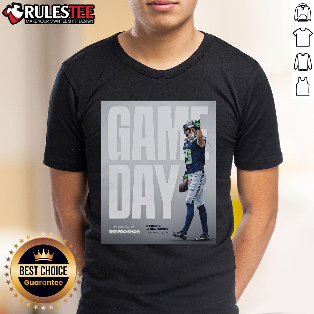 Official Las Vegas Raiders vs Seattle Seahawks NFL preseason game day T-shirt featuring team logos and vibrant colors.