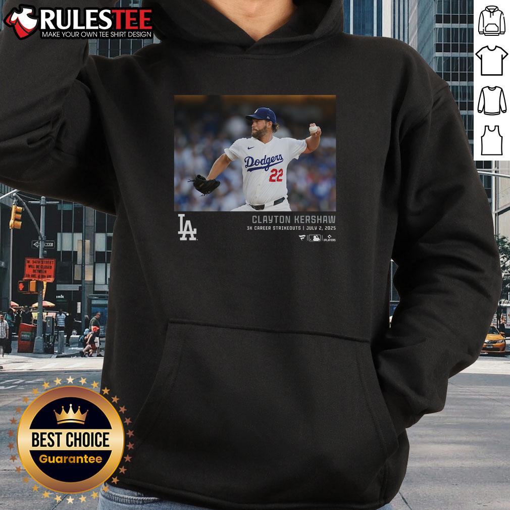 Official Los Angeles Dodgers hoodie celebrating Clayton Kershaw's 3K career strikeouts with team logo and player name.