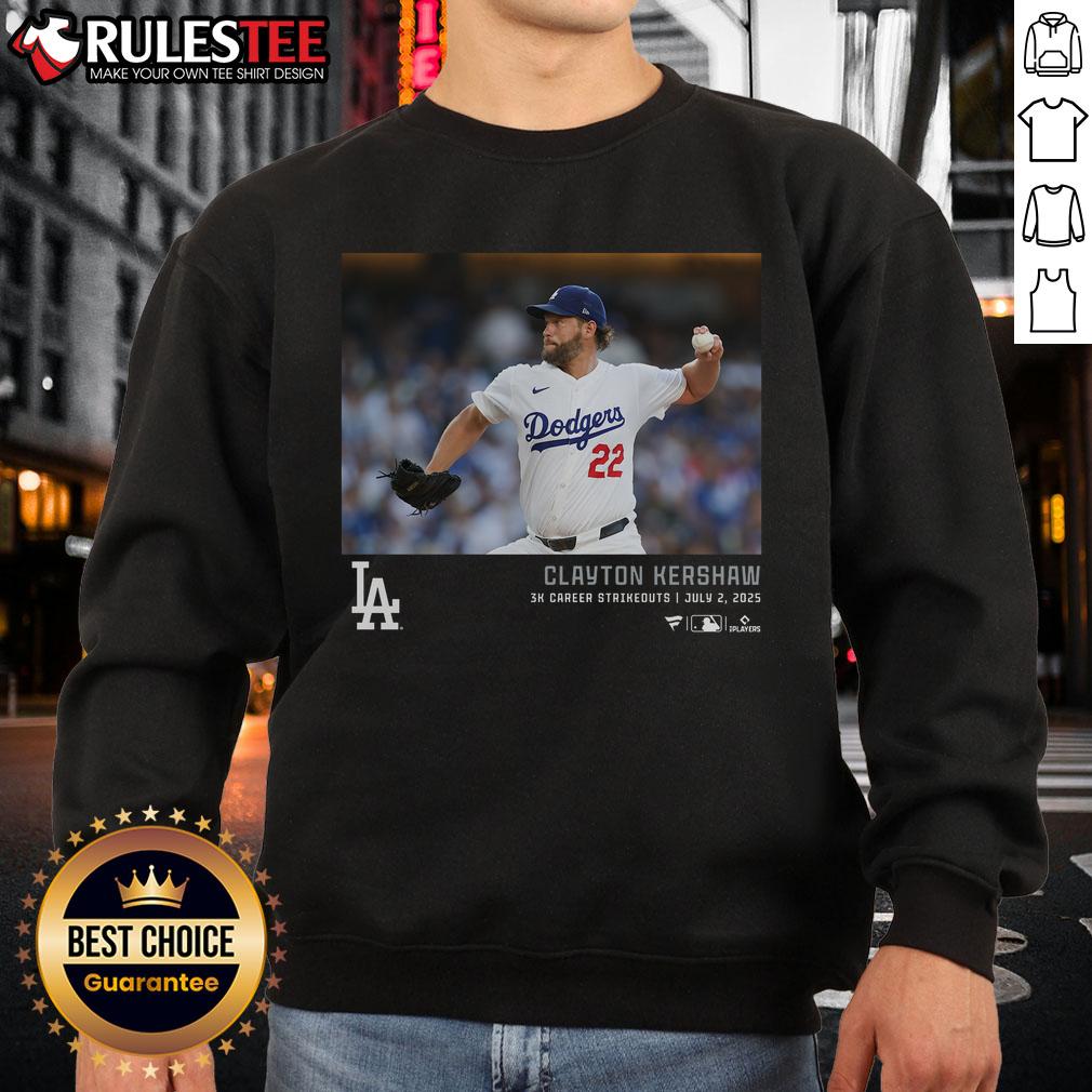 Official Los Angeles Dodgers Clayton Kershaw 3K Career Strikeouts sweatshirt featuring team colors and logo design.