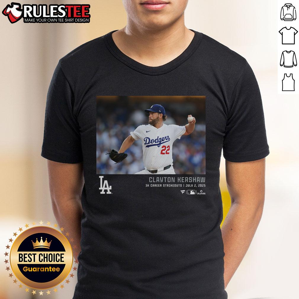 Official Los Angeles Dodgers Clayton Kershaw 3K Career Strikeouts T-Shirt featuring Kershaw's graphic and team colors.