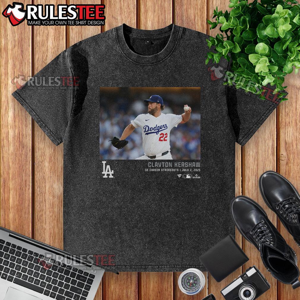 Official Los Angeles Dodgers Clayton Kershaw 3K Career Strikeouts washed t-shirt displayed on a hanger.