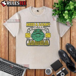 Alt Text: Official Star Wars Need A Loan Call Jabba Washed T-Shirt featuring Jabba the Hutt design for fans and collectors.