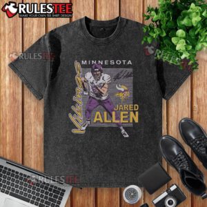 Alt Text: Official Vikings Jared Allen Signature Washed T-Shirt featuring a vintage design and team colors for loyal fans.