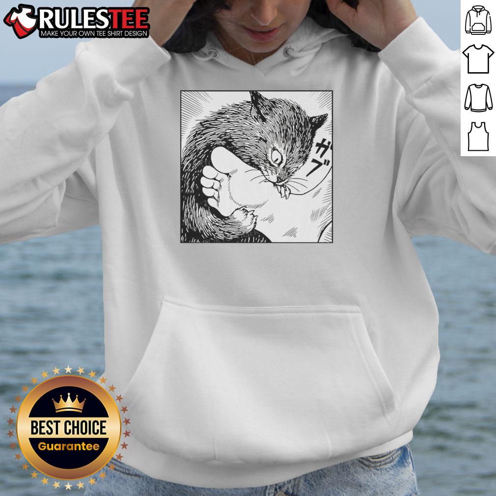 Premium Cat Bites Feet Cartoon Hoodie featuring a playful cat design, perfect for cat lovers and cozy fashion.