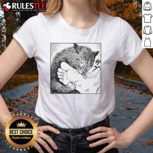 Alt Text: Cartoon of a lady playfully biting a cat's feet, featured on a 'Premium Cat Bites Feet' ladies tee design.