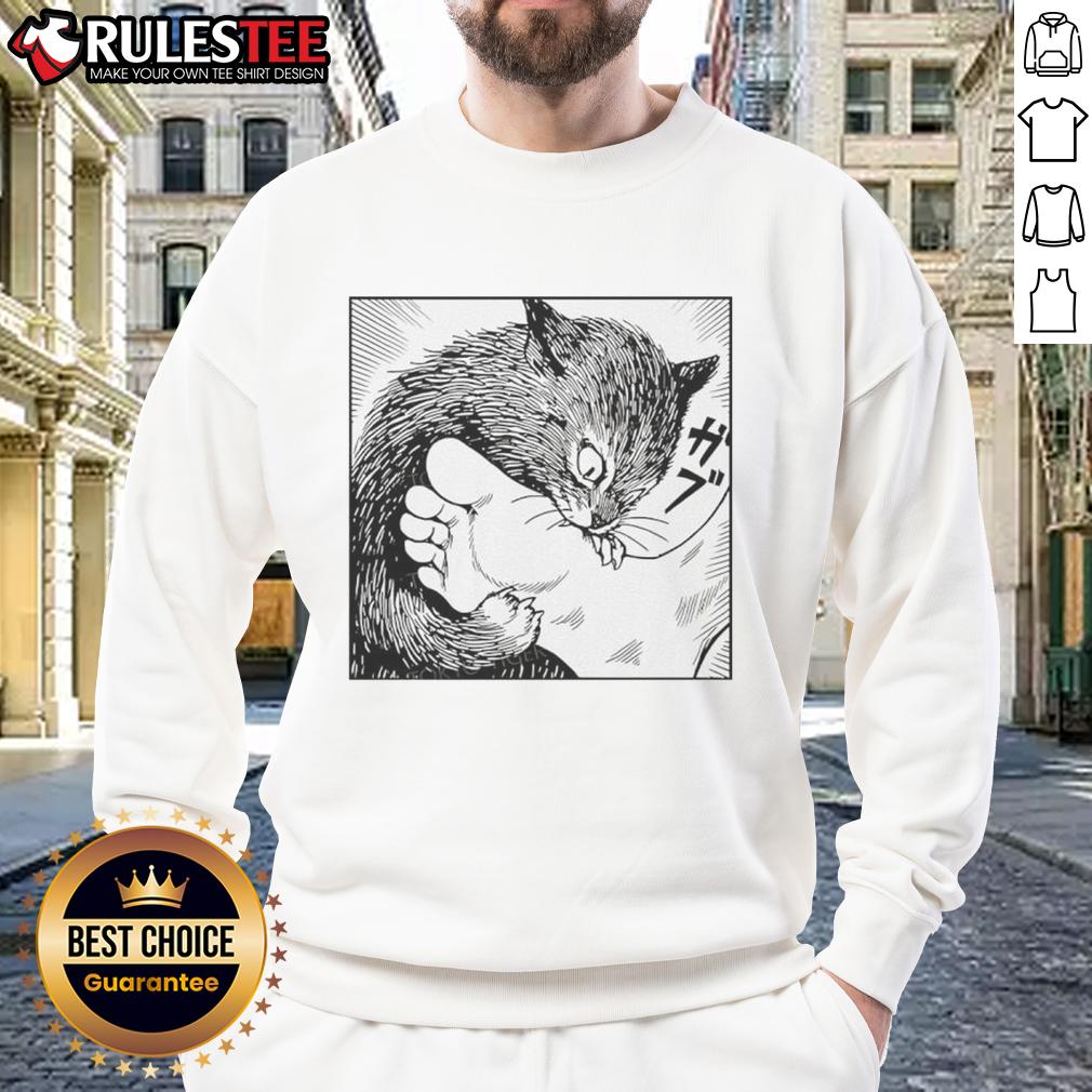 Premium Cat Bites Feet Cartoon Sweatshirt featuring a playful cat design, perfect for cat lovers.