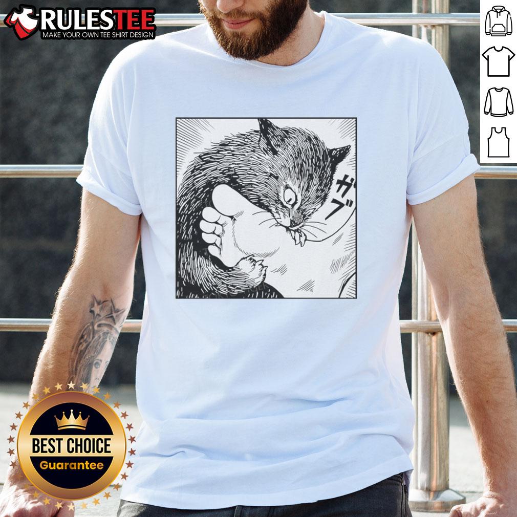 Premium Cat Bites Feet Cartoon T-Shirt featuring a playful cat design perfect for cat lovers and casual wear.