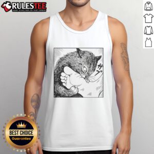 Cartoon tank top featuring a playful cat biting feet, perfect for animal lovers and adding fun to your wardrobe.