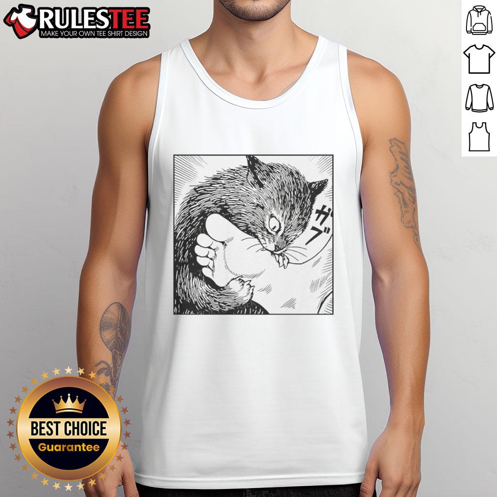 Cartoon tank top featuring a playful cat biting feet, perfect for animal lovers and adding fun to your wardrobe.