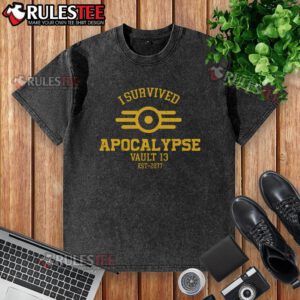 Premium I Survived Apocalypse Vault 13 Est 2077 washed t-shirt featuring a vintage graphic design for gamers.