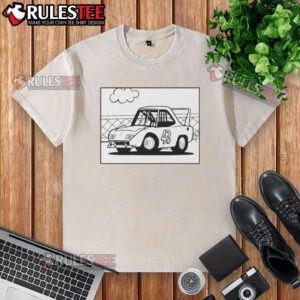 Premium Plymouth classic car cartoon design on a washed T-shirt, perfect for vintage car enthusiasts.
