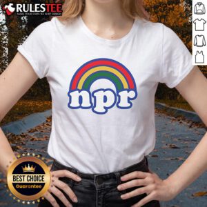 Pretty NPR Rainbow Logo Ladies Tee featuring a vibrant, colorful design perfect for fans of NPR and stylish casual wear.