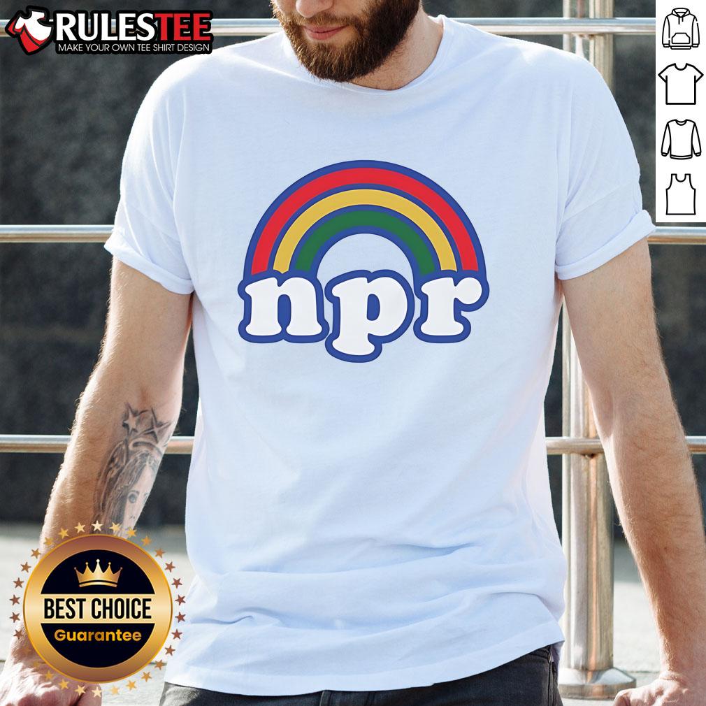 Pretty NPR Rainbow Logo T-Shirt featuring vibrant colors and a stylish design for proud NPR fans.
