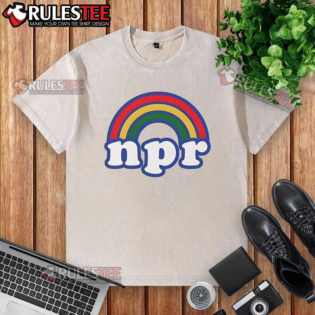 Pretty NPR rainbow logo on a washed t-shirt, featuring vibrant colors and a soft, casual design.