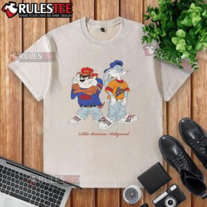 Top Bugs Bunny and Taz Little Armenia Hollywood washed t-shirt featuring iconic cartoon characters in vibrant colors.