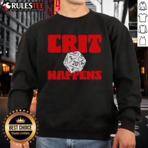 Cozy Top Gen Con Crit Happens Sweatshirt featuring a bold graphic, perfect for gamers and convention enthusiasts.