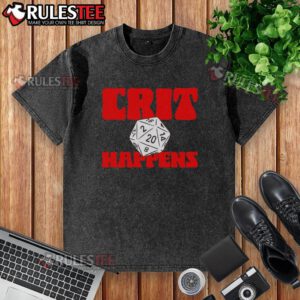 Alt Text: Top Gen Con Crit Happens Washed T-Shirt featuring a fun gaming design perfect for tabletop enthusiasts.