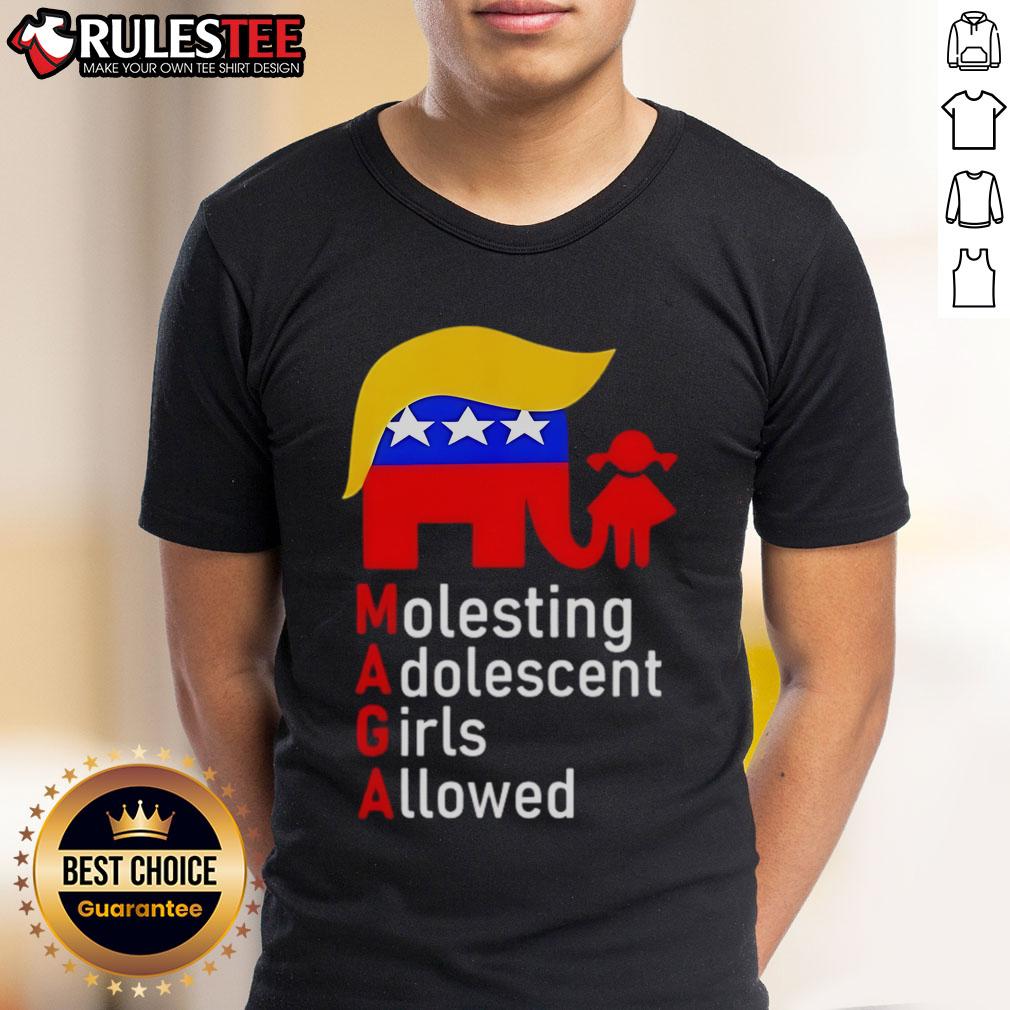 Top Maga Molesting Adolescent Girls Allowed T-Shirt featuring bold graphics and a provocative slogan for political statement.