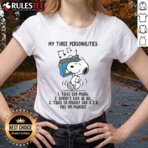 Alt Text: Top Snoopy My Three Personalities Ladies Tee featuring playful graphics of Snoopy's talking and quiet moods.