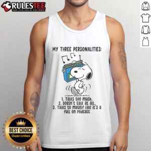 Snoopy tank top featuring 'My Three Personalities: Talks Too Much, Doesn't Talk At All' design, perfect for casual wear.