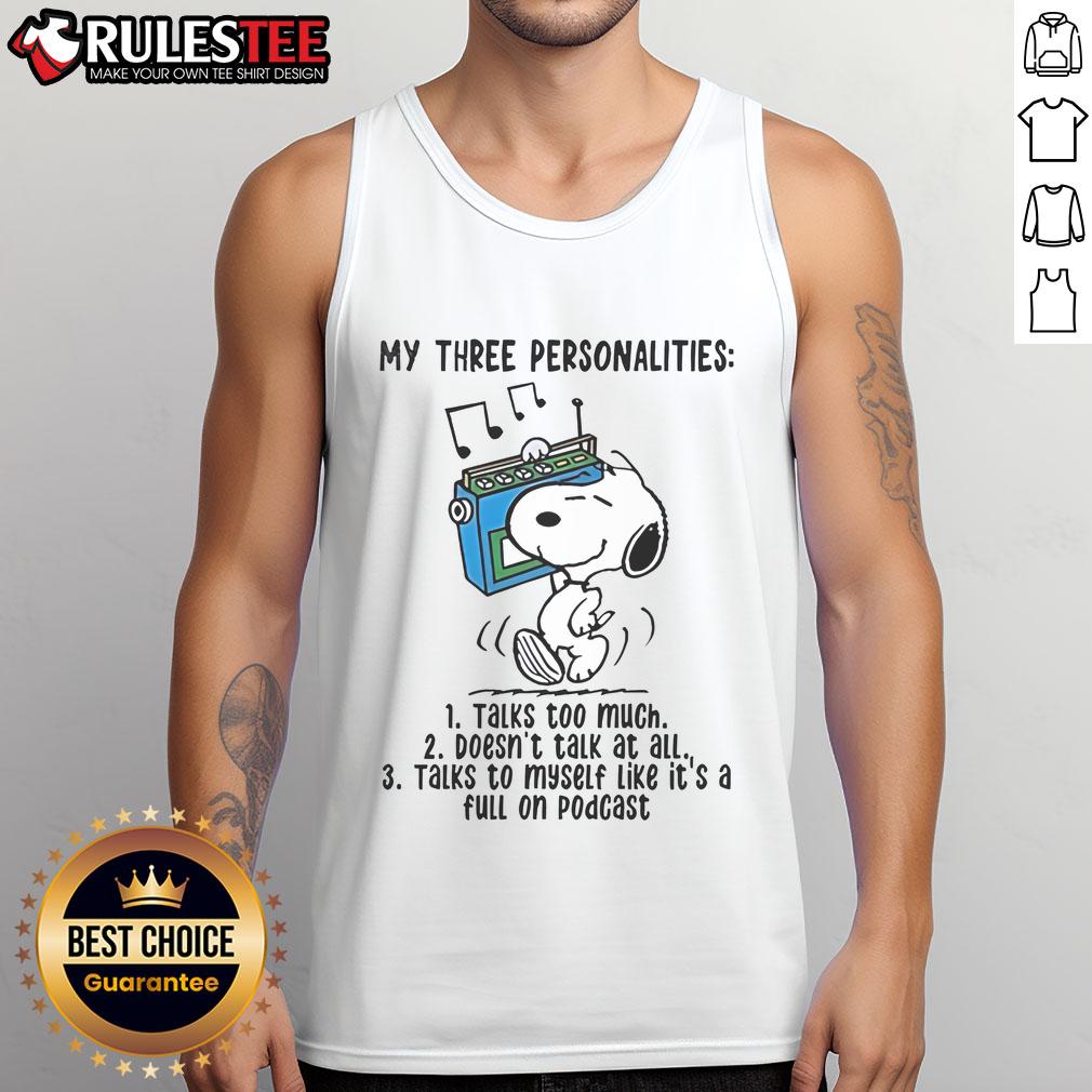 Snoopy tank top featuring 'My Three Personalities: Talks Too Much, Doesn't Talk At All' design, perfect for casual wear.