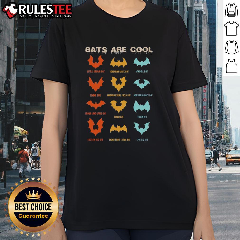 Awesome bats in various species displayed on a ladies tee, showcasing unique wings and highlighting chiropterology.