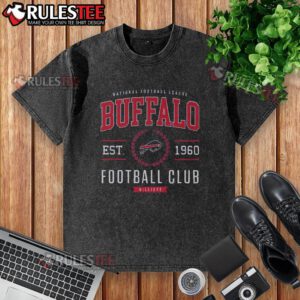 Awesome Buffalo Bills Football Club washed t-shirt displayed on a hanger, showcasing team colors and logo.
