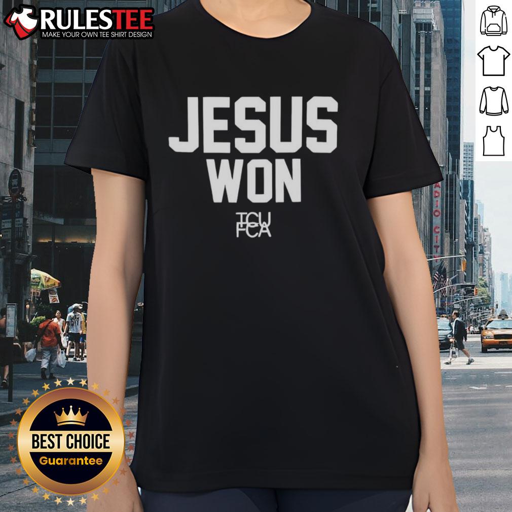 Awesome Jesus Won TCU Football Ladies Tee featuring vibrant design and comfortable fit for fans celebrating TCU spirit.