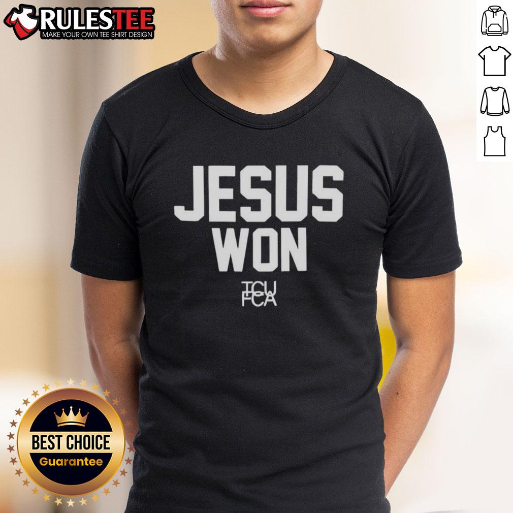 Awesome Jesus Won TCU Football T-Shirt featuring bold graphics and vibrant colors for fans of Texas Christian University.
