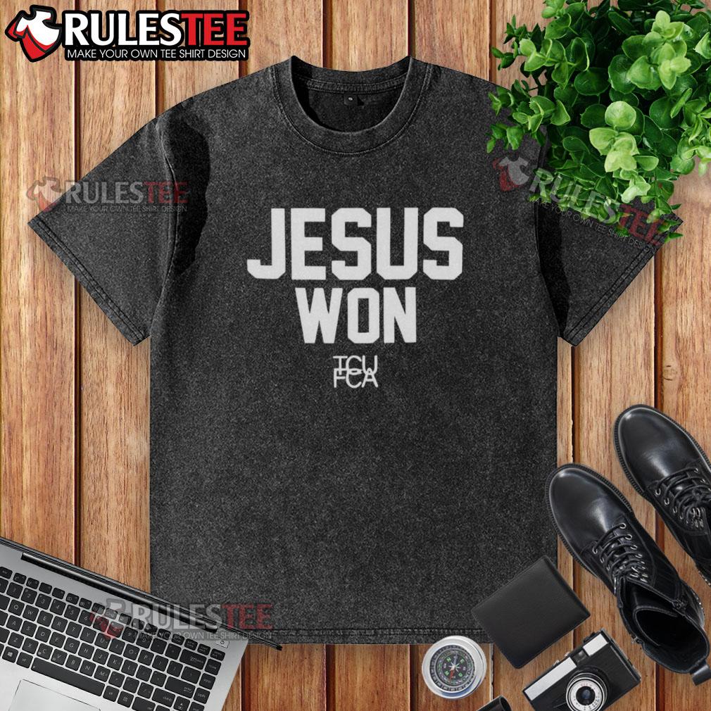 Awesome Jesus Won TCU Football washed t-shirt featuring bold graphics and a relaxed fit for fans of TCU sports.