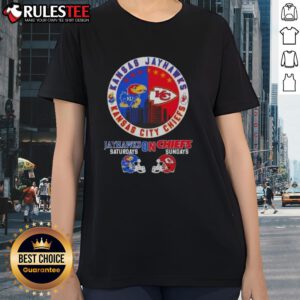 Awesome Kansas sports tee featuring Jayhawks and Chiefs helmets, perfect for football Saturdays and Sundays.