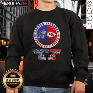 Awesome Kansas Sports sweatshirt featuring Jayhawks and Chiefs helmets, perfect for football Saturdays and Sundays.