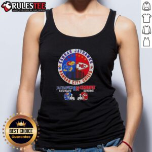 Awesome Kansas Sports tank top featuring Jayhawks and Chiefs helmets, perfect for football Saturdays and Sundays.