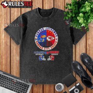 Awesome Kansas Sports Jayhawks Saturdays on Chiefs Sundays football helmet design on a washed t-shirt.