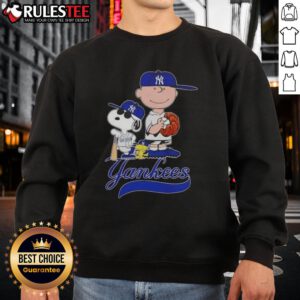 Awesome Peanuts characters Snoopy and Charlie Brown in New York Yankees baseball sweatshirt design for fans.