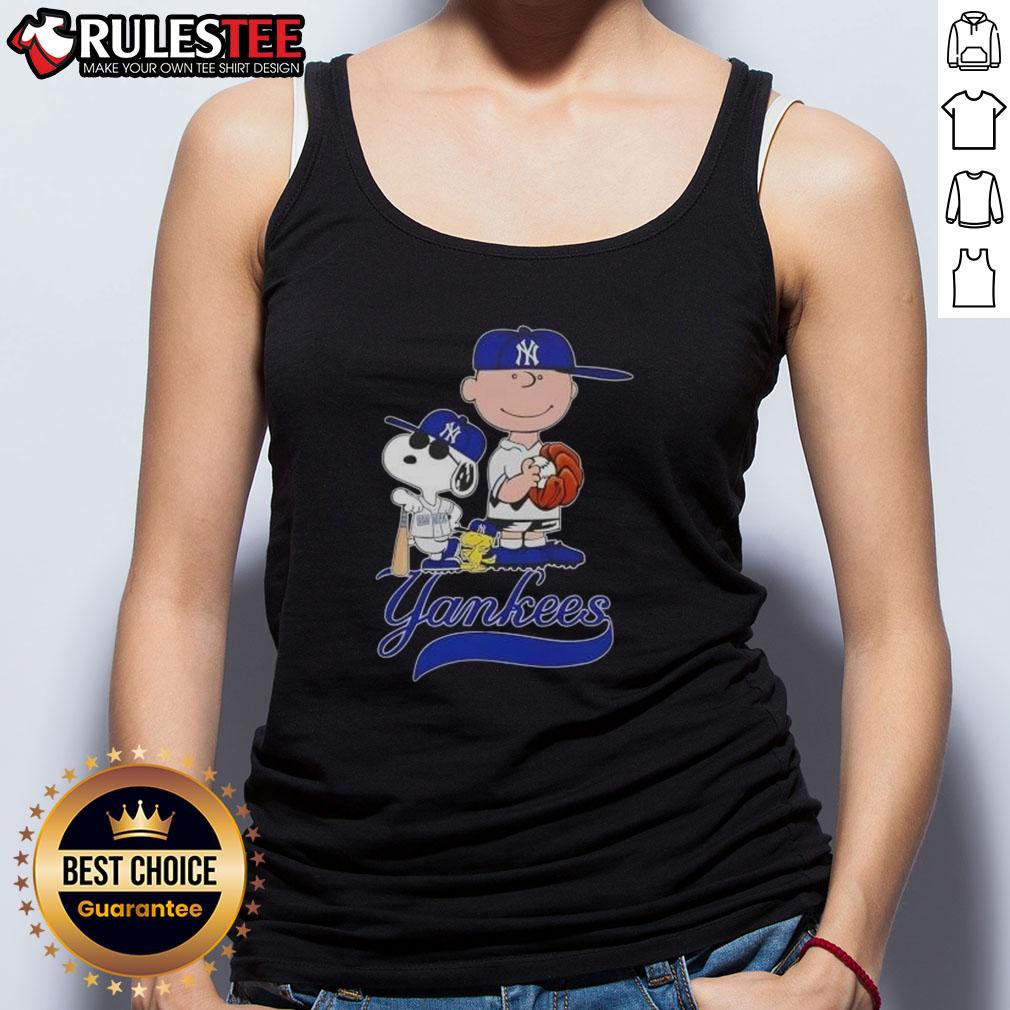 Alt Text: Snoopy and Charlie Brown in New York Yankees baseball tank top design, perfect for Peanuts fans and sports lovers.