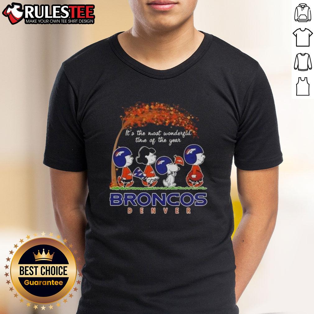 Awesome Peanuts 'It's The Most Wonderful Time Of The Year' Broncos Denver Football T-Shirt for fans and holiday cheer.