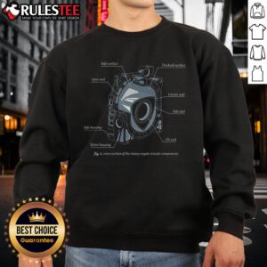 Awesome rotary engine diagram on an eccentrically designed sweatshirt, showcasing intricate mechanical details.