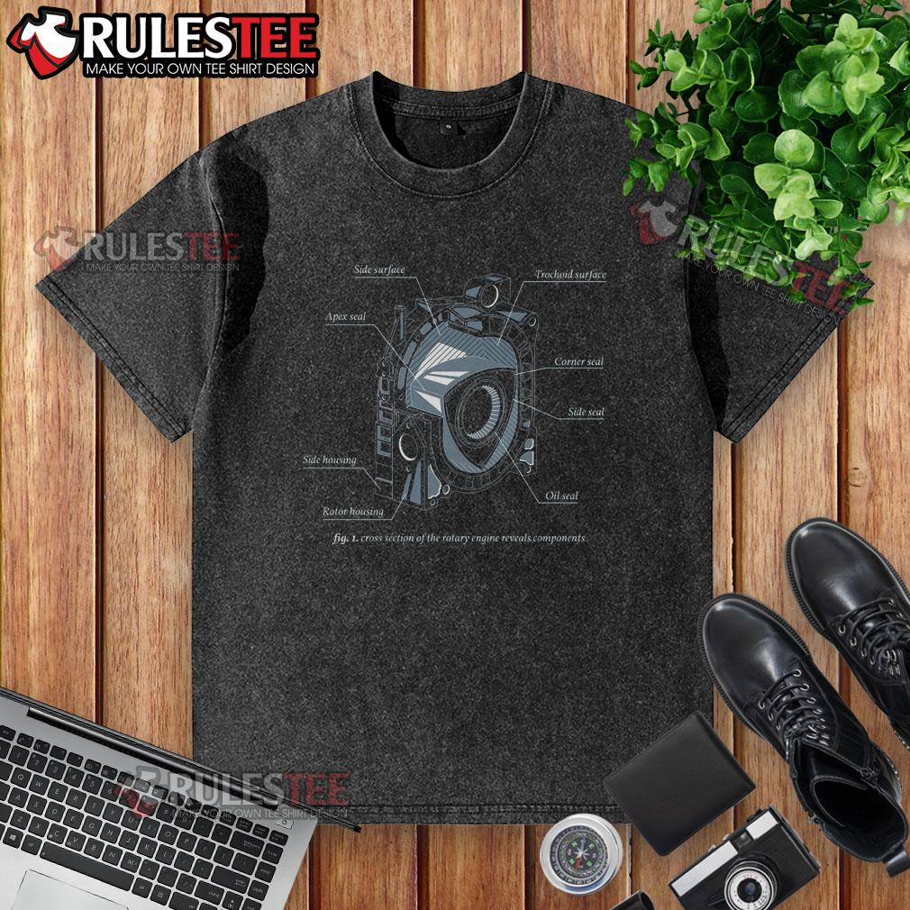 Alt Text: Awesome rotary engine diagram on an eccentrically designed washed t-shirt, perfect for car enthusiasts.