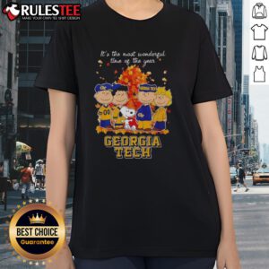 Alt Text: Awesome Peanuts character Georgia Tech ladies tee for the holiday season, featuring festive designs and vibrant colors.