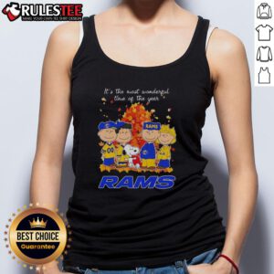 Awesome Peanuts character tank top for Los Angeles Rams fans, perfect for the holiday season celebrations.