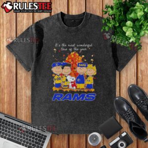 Alt Text: Awesome Peanuts character on Los Angeles Rams 'It's The Most Wonderful Time Of The Year' washed t-shirt.
