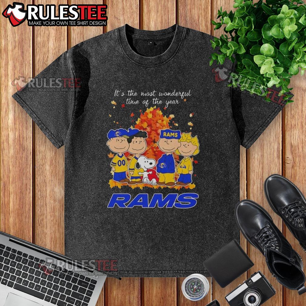 Alt Text: Awesome Peanuts character on Los Angeles Rams 'It's The Most Wonderful Time Of The Year' washed t-shirt.
