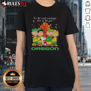 Alt Text: Awesome Peanuts character Oregon Ducks ladies tee featuring 'It's The Most Wonderful Time Of The Year' design.