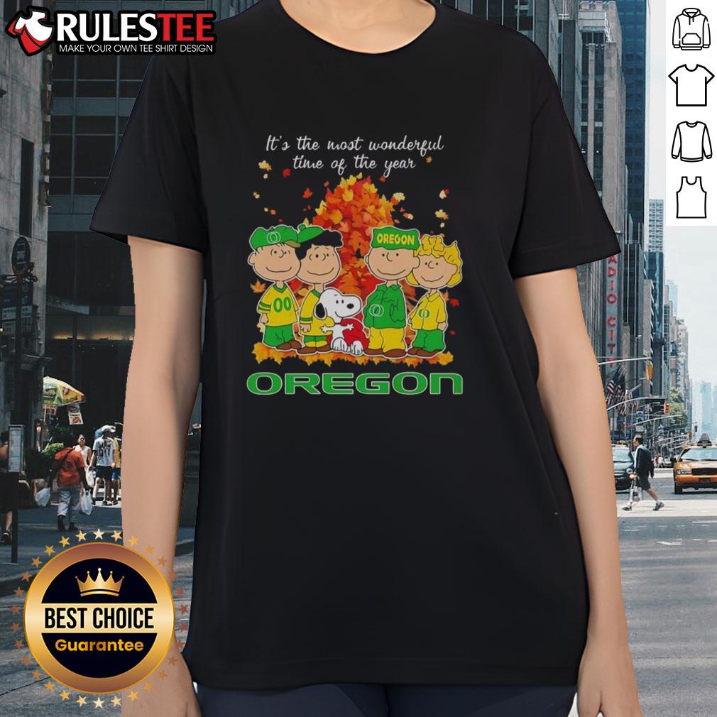 Alt Text: Awesome Peanuts character Oregon Ducks ladies tee featuring 'It's The Most Wonderful Time Of The Year' design.